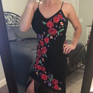 Cache Asymmetrical Black Fringe Dress